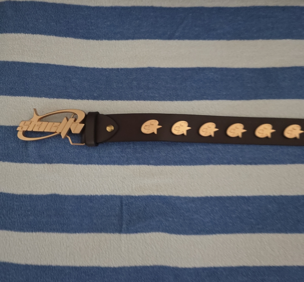 Men's Dark Brown Leather Belt with Gold Emblem Accents